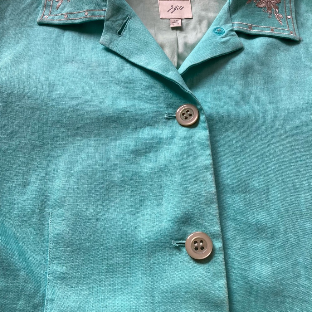 J.Jill 100 % LINEN Womens 2X overcoat aqua with embroidery, Boho